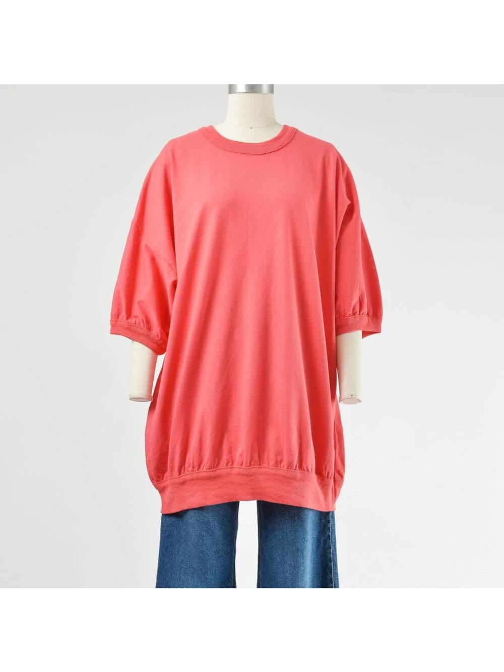 Vintage 80s Coral T Shirt Dress Oversized Bubble Hem Cotton Knit Mini Dress OS